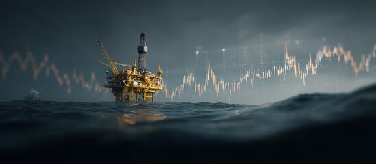 Offshore oil rig at sunset with financial graph overlay