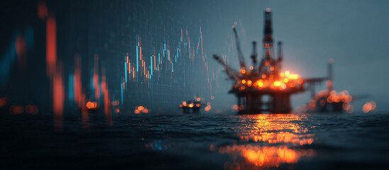 Offshore oil rig at sunset with financial graph overlay