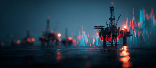 Offshore oil rig at sunset with financial graph overlay