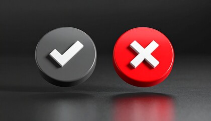 Obraz premium 3D Checkmark and Cross Buttons Representing Approval Rejection and Binary Choice Concept two 3D-rendered buttons: a grey button with a white checkmark and a red button with a white 