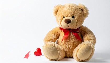 Fototapeta premium Soft Teddy Bear with Red Bow and Heart for Valentine's Day and Romantic Gifting Concept a classic light-brown teddy bear with a red satin bow, sitting next to a small red plush heart