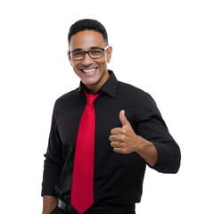 Confident latino middle aged businessman wearing black shirt and red tie giving thumbs up gesture isolated on transparent background for professional marketing use. 