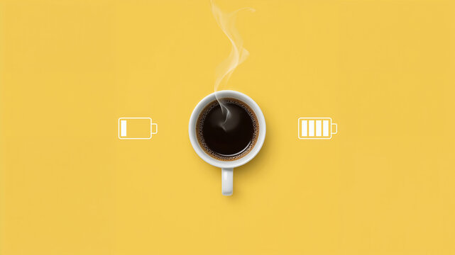 Coffee cup with steam on yellow background and battery icons symbolizing energy recharge