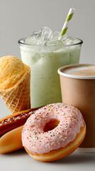 Assortment of Fast Food and Drinks with Glazed Donut, Hot Dog and Ice Cream