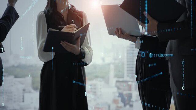 Group of business people meeting and digital technology concept