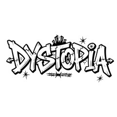 Obraz premium Graffiti style Dystopia text art with urban decay elements.