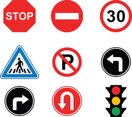 Traffic road signs vector illustration set, stop speed limit parking pedestrian turn symbols and traffic light icons, transportation safety design