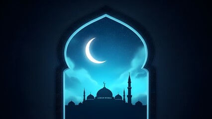 Mosque silhouette under crescent moon through arched window at night
