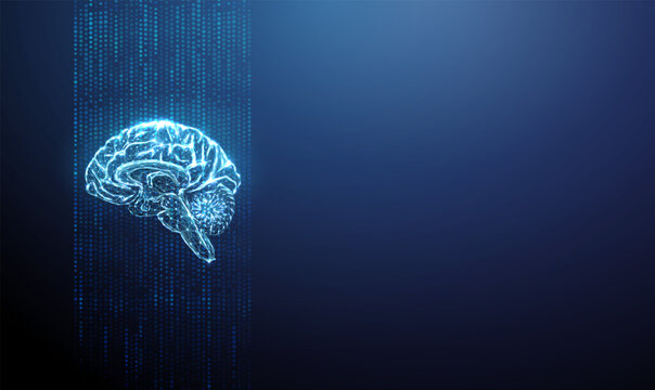 Blue 3d human brain in flowing data stream. AI, neural processing, medical data analysis, neuroscience research, digital cognition, healthcare technology concept.