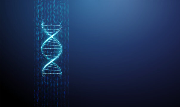 Blue 3d dna helix in flowing data stream. Genetic information processing, bioinformatics, ai in medicine, healthcare technology, scientific research concept