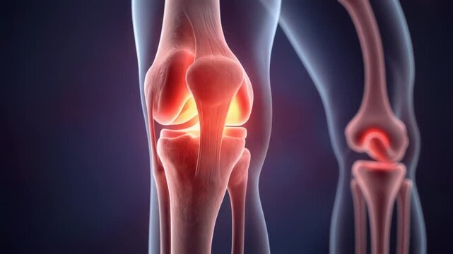 Detailed anatomical illustration of a human knee joint showing ligaments and cartilage structure