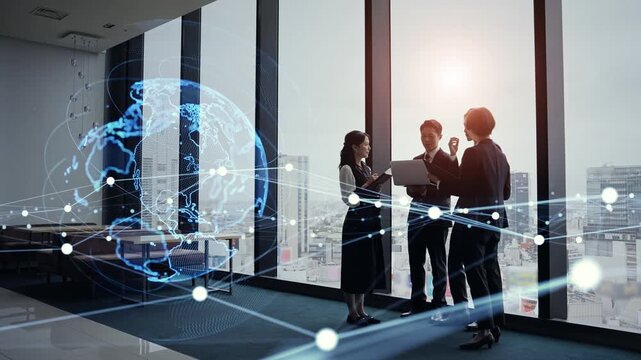 会議するビジネスパーソンのグループとグローバルネットワークのコンセプト