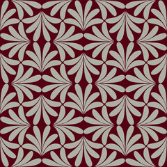 Vintage Art Deco Seamless Pattern. Geometric decorative with abstract beige leaf. Retro burgundy background.