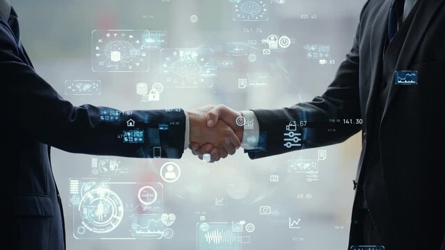 Group of business people shaking hands and digital technology concept