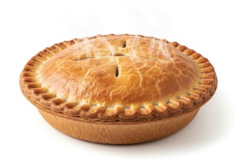 Delicious golden brown savory meat pie ready for serving and enjoyment isolated on white background