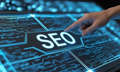 Futuristic Digital SEO Interface. Hand Optimizing Search Engine Ranking Strategy for Online Business Growth.