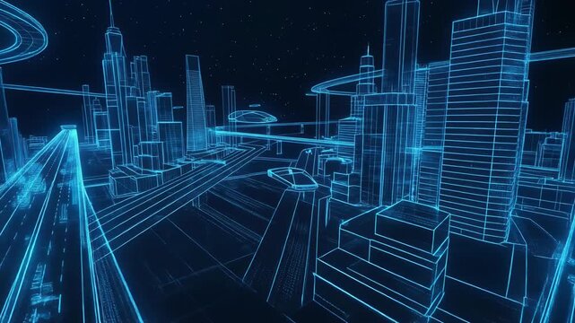 Futuristic city skyline in blue neon wireframe design, perfect for tech and architecture themes