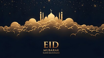 Eid mubarak greeting card with mosque on clouds under starry night sky with crescent moon