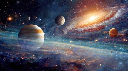 Colorful galaxy with planets and stars in deep space, astronomy and science concept for universe exploration, cosmic background and futuristic design