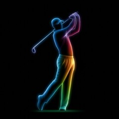 Neon golfer swing silhouette with glowing rainbow light, modern sports art on dark background capturing motion and energy
