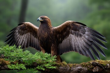 Fototapeta premium Majestic eagle spreading wings in forest setting, powerful wildlife scene with dramatic posture and natural strength 