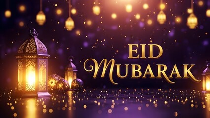 Eid mubarak lanterns with glowing lights on purple background with bokeh effect