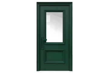 Dark green door with rectangular window and handle on transparent background high quality professional detailed modern elegant stylish clean