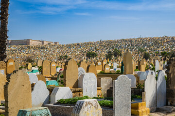 Vast cemetery landscape under a blue sky with numerous gravestones extending into the distance. Rabat, Morocco