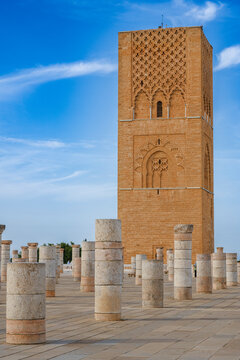 Historic Hassan Tower with stone columns under a clear blue sky. Rabat, Morocco
