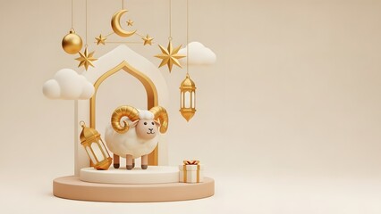 Golden ram figurine on decorative platform with moon, stars, and lanterns on beige background
