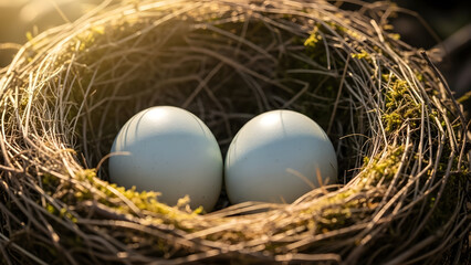 Obraz premium Two pale blue bird eggs nestled in a natural twig nest bathed in warm sunlight symbolizing new life and beginnings for spring themes