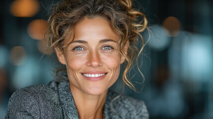 Woman smiles softly in a well-lit indoor space with blurred background, showcasing a friendly mood and relaxed atmosphere during the day