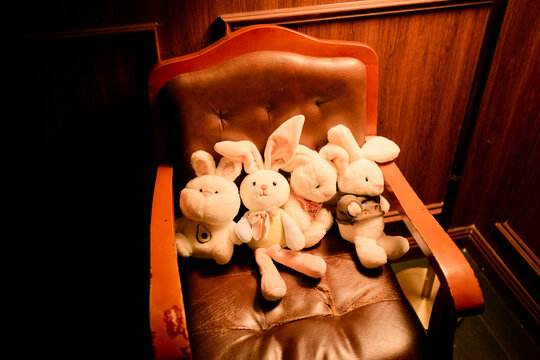 Four stuffed bunnies sit closely together on a vintage leather chair in a dimly lit room. Chengdu, Sichuan, China