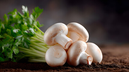 Fresh White Mushrooms with Green Parsley on Natural Soil Background