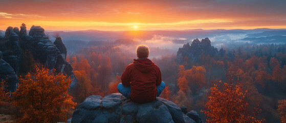 A person on a cliff watches the sunset over misty forests, conveying harmony with nature, which will become the main backdrop for meditative applications or tourist brochures.