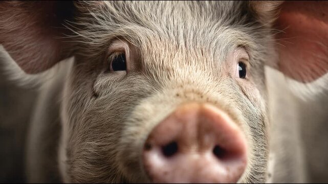Intimate close-up of a curious young pig's face, showcasing its sensitive snout and intelligent eyes