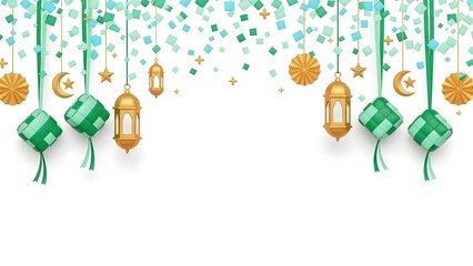 Ramadan kareem decorative border with green and gold lanterns on white background