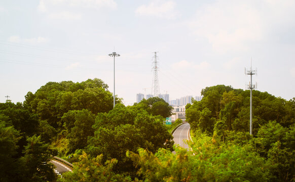 Lush green trees line a winding road with city skyline in the background under a cloudy sky. Guangzhou, Guangdong, China