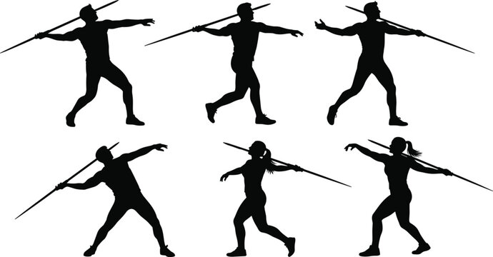 Dynamic javelin throw athlete silhouettes vector illustration showcasing sports motion, track and field competition training poses for fitness and performance