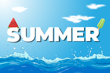 Summer Text Over Ocean Waves with Water Splash, Blue Sky and Refreshing Ice Cream Illustration. © Arifa