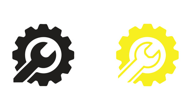 Blue gear and wrench icon for technical support and repair services - Line and glyph solid icon and logo templete
