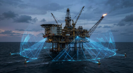 Offshore oil platform at dusk connected to a digital sensor network and smart buoys through blue holographic light beams for remote monitoring and industrial safety