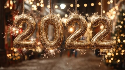 Celebration of New Year with fireworks lighting up the sky over a city showing the year 2022