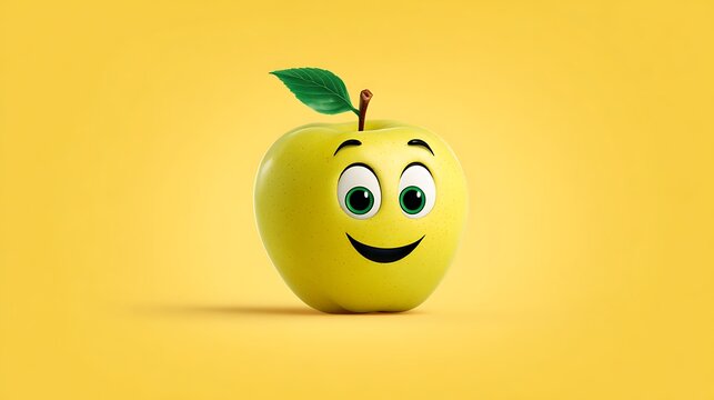 Cheerful cartoon red apple with smiling face and green leaf on bright yellow background, playful and whimsical