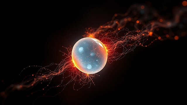 subjective. A single, glowing primordial cell dividing rapidly in a dark aquatic environment with vibrant energy trails. STEM education sheets.