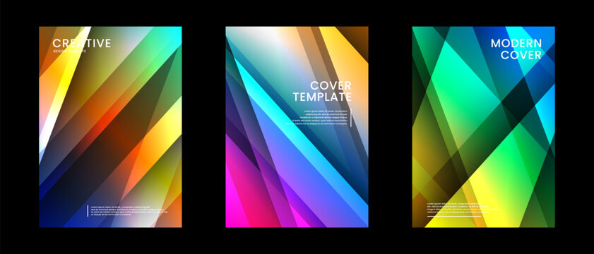 Minimal abstract covers set. Colorful polygonal shapes background bundle with glowing decoration on dark space. Modern graphic design element vibrant colors concept for web, art, card, or brochure - Powered by Adobe