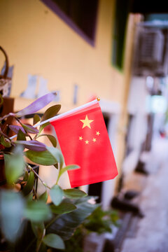 A small Chinese flag among green leaves against a yellow wall in an urban setting. Shanghai, China