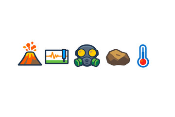 Fototapeta premium Science icons: volcano, seismograph, gas mask, rock, thermometer