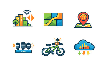 Fototapeta premium Set of 6 technology icons with glowing effects on dark background
