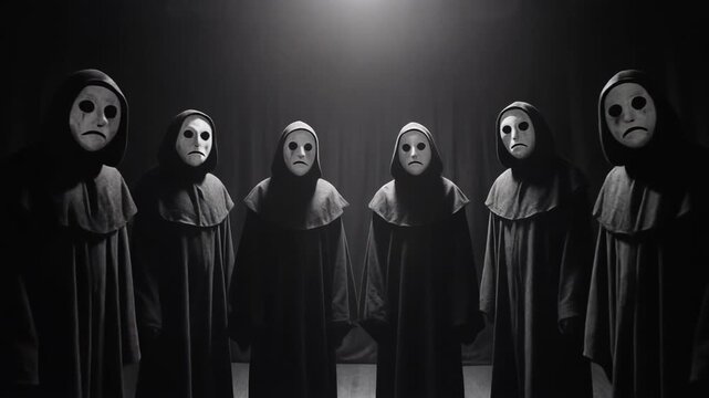 Eerie group of figures in black cloaks and masks on stage, perfect for horror-themed projects